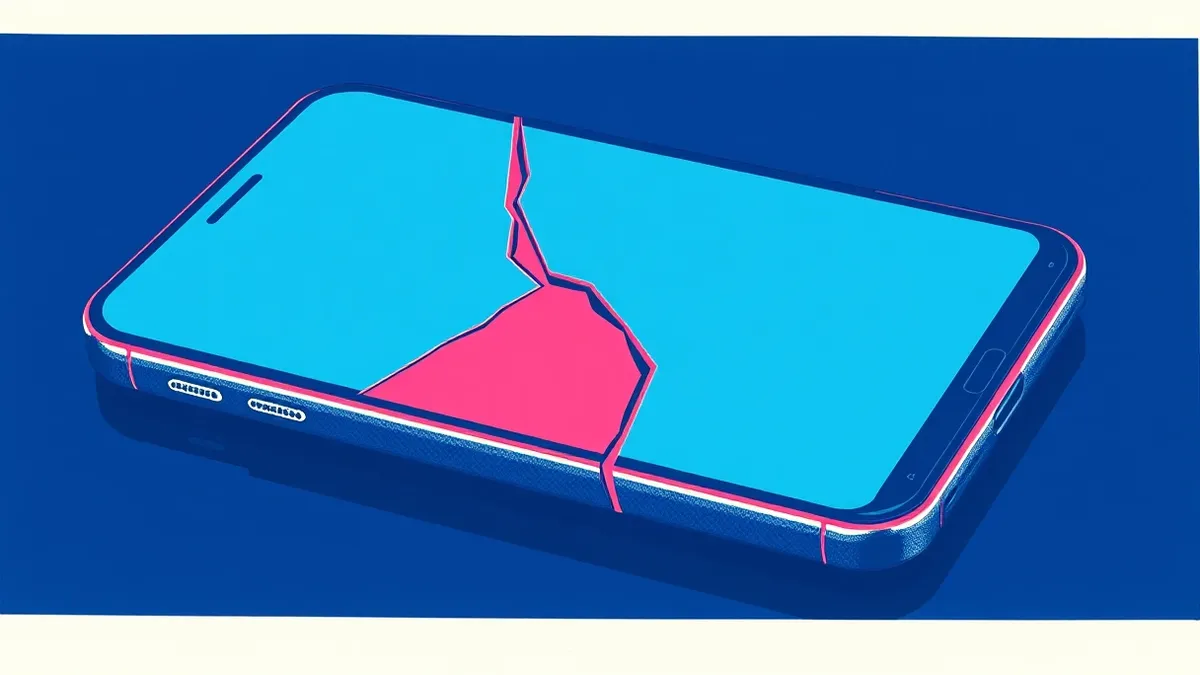 Illustration: A cracked smartphone screen sits on a dark surface, its display showing a single jagged red tear that splits the interface.