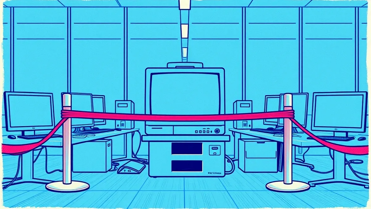 Illustration: A thick red barrier cord seals off a single infected workstation in a modern office, isolating it from the rest of the connected devices.