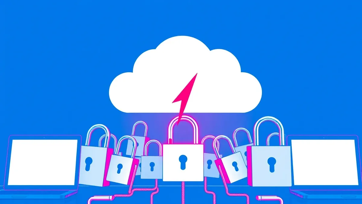 Illustration: A sleek white cloud icon floats above a cluster of interconnected digital locks.