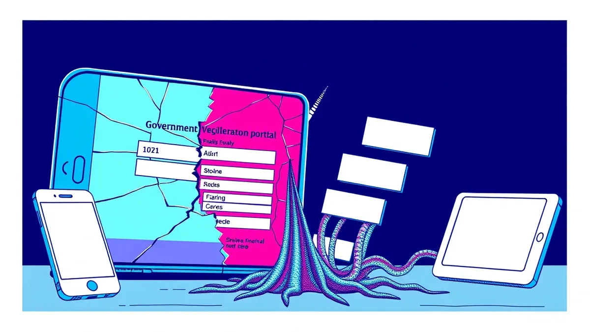 Illustration: A cracked smartphone screen displays a distorted, abstract imitation of a government vehicle registration portal.