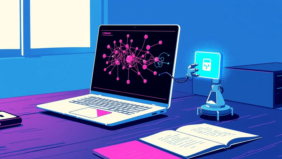 Illustration: A sleek silver laptop sits on a dark wooden desk, its screen displaying a complex network diagram with red nodes turning green in a rapid wave.