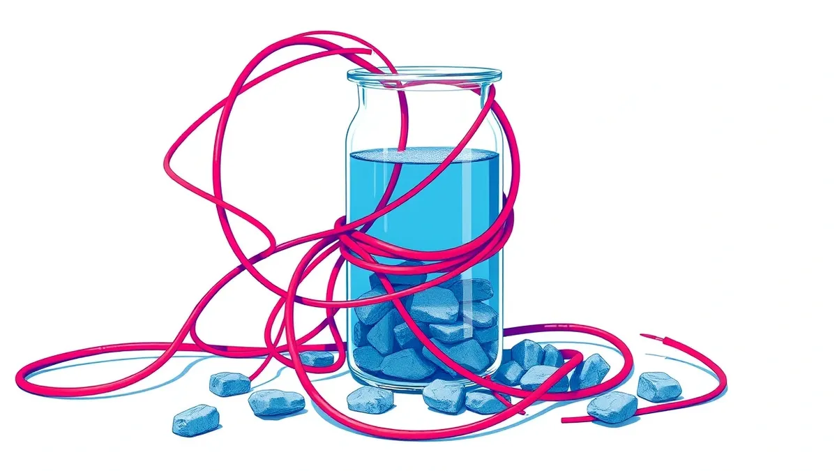 Illustration: A tangled knot of thin red wires wraps tightly around a clear glass cylinder containing blue liquid and floating stone tablets.