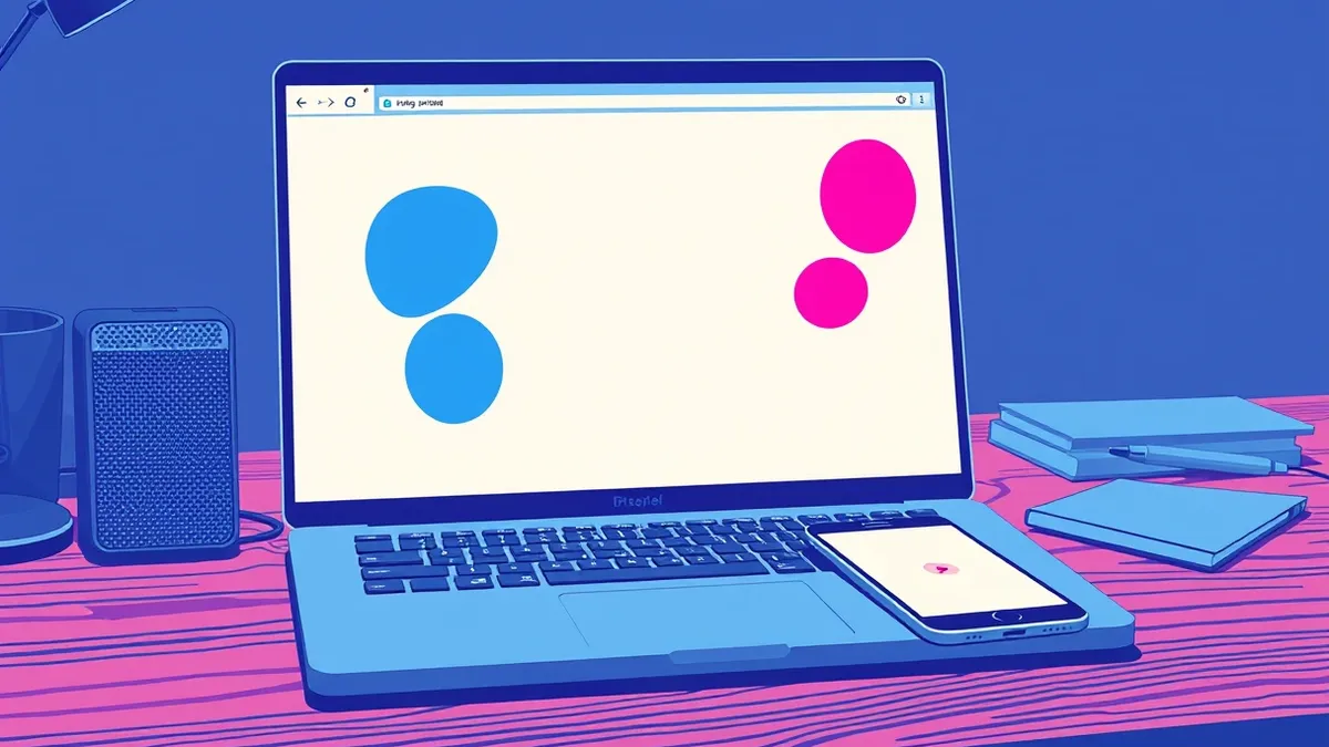 Illustration: A sleek, modern laptop sits open on a wooden desk, displaying a blank browser window with generic abstract shapes.