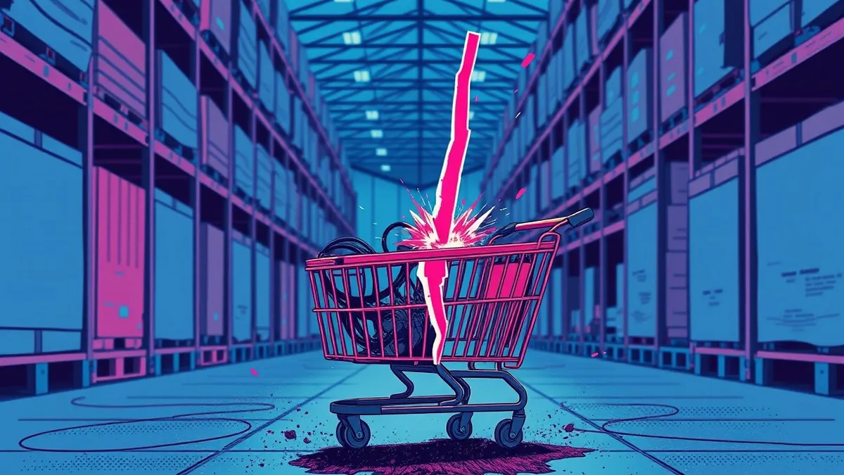Illustration: A solitary wooden shopping cart sits abandoned in a dimly lit warehouse aisle.