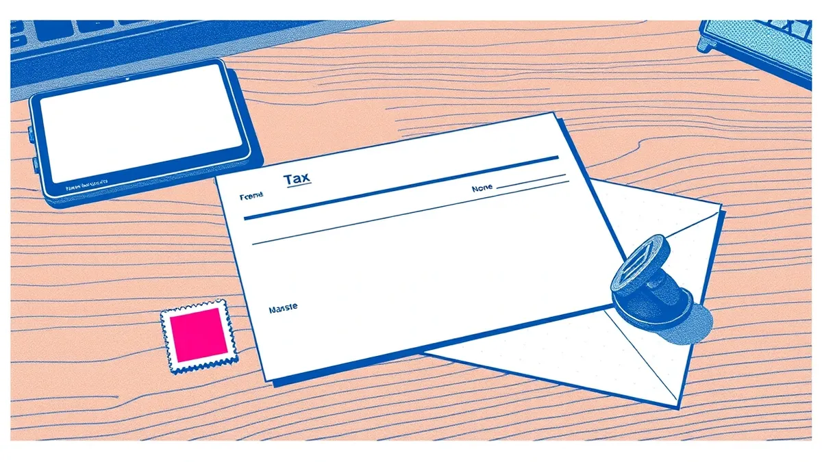 Illustration: A blank tax form rests on a wooden desk beside a single red ink stamp and a sealed envelope.