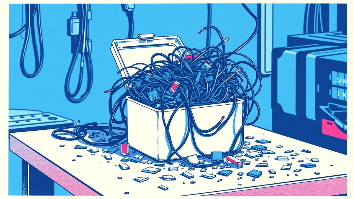 Illustration: A white ceramic box sits on a metal workbench, its lid slightly ajar to reveal a chaotic tangle of black wires and twisted circuit boards spilling out onto the surfac