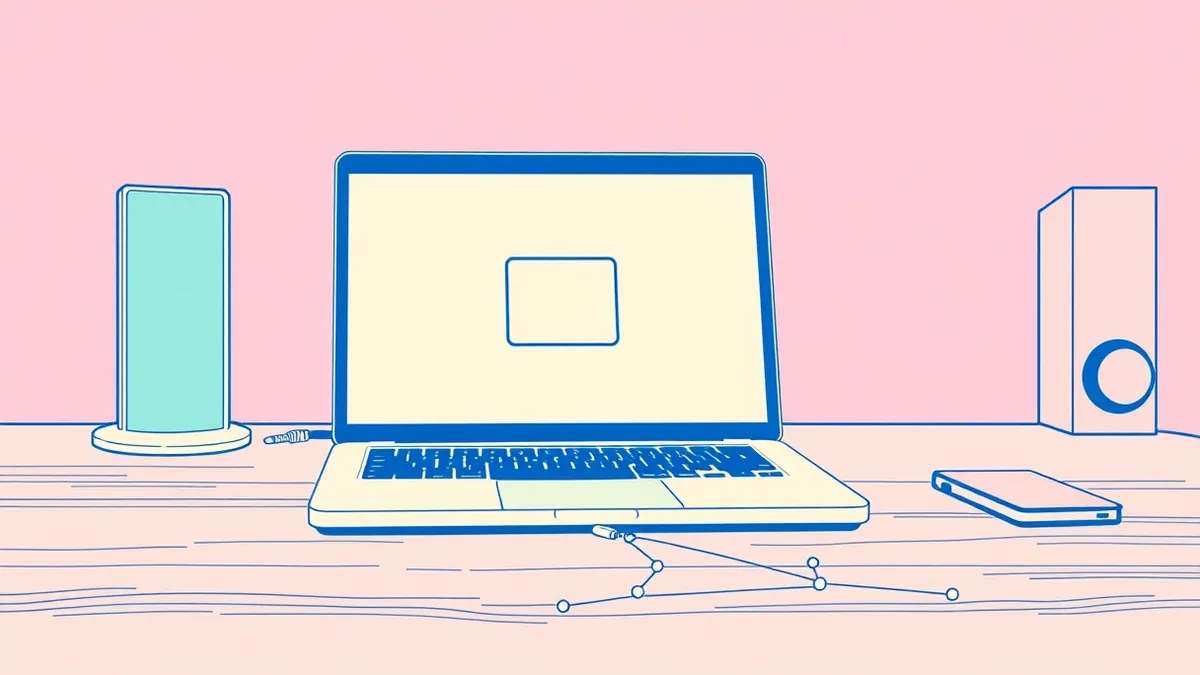Illustration: A sleek laptop sits open on a clean wooden desk, its screen displaying a large, hollow box icon.