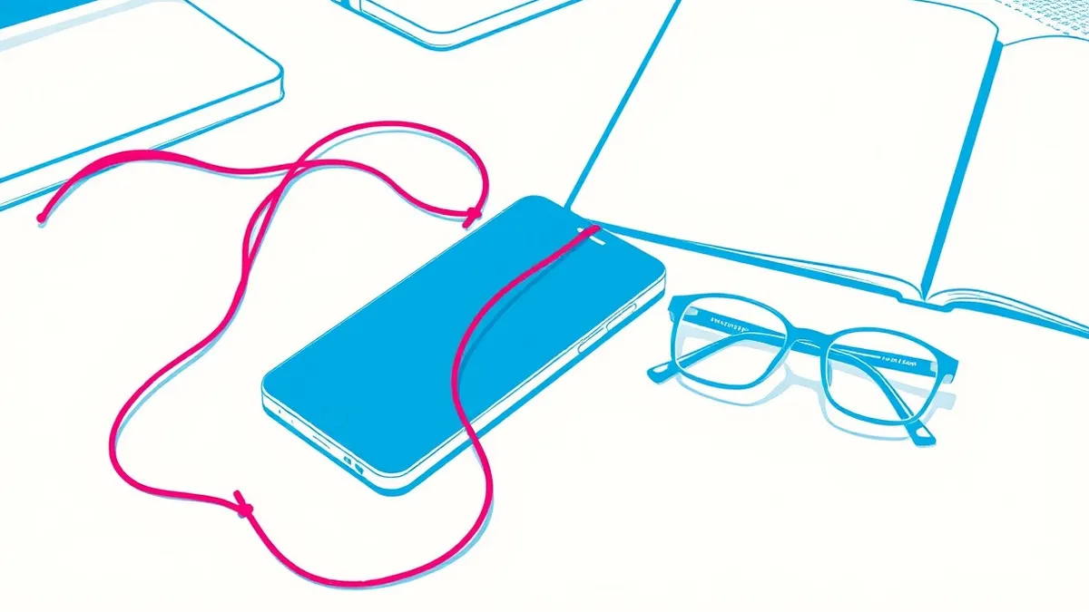Illustration: A smartphone rests on a clean desk next to a pair of glasses.