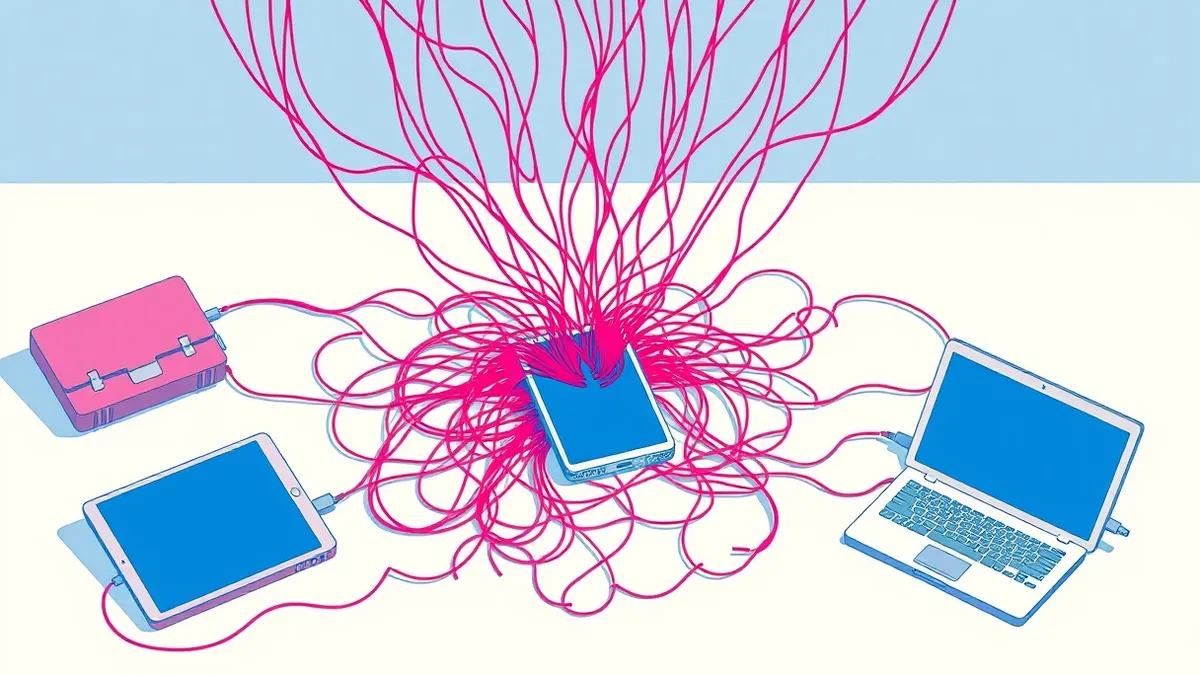 Illustration: A tangled mass of thin red cables erupts from a single smartphone lying on a clean desk.