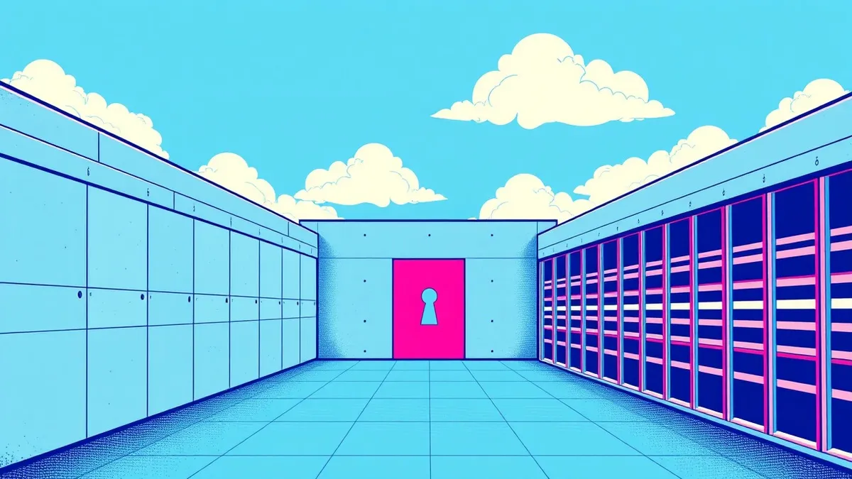 Illustration: A thick, seamless steel wall bridges a concrete on-premises building and a cluster of white cloud servers, forming one unbroken barrier.
