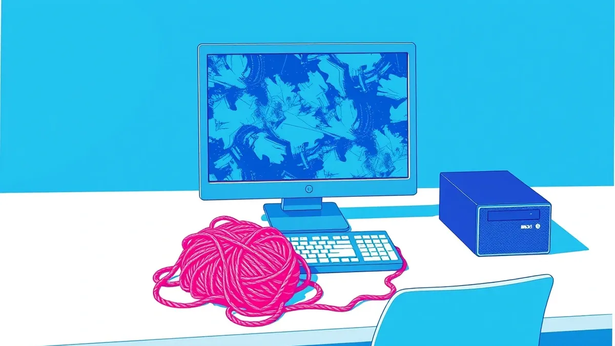 Illustration: A sleek desktop computer sits on a minimalist white desk with its screen displaying a frozen, abstract blue interface.