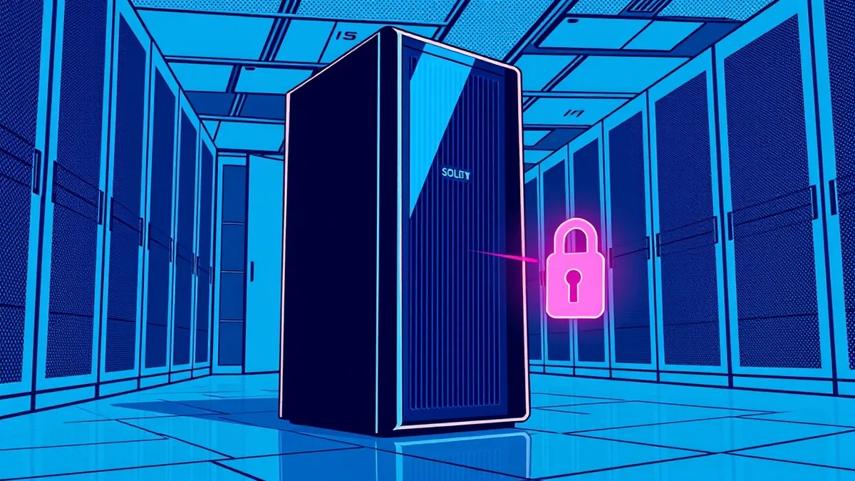 Illustration: A sleek server sits quietly in a clean data center while a glowing digital key floats nearby.