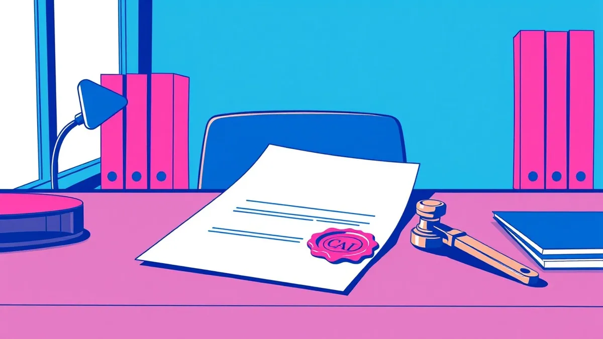 Illustration: A sleek modern office desk sits empty, featuring a single crisp white contract document sealed with a bright red wax stamp.