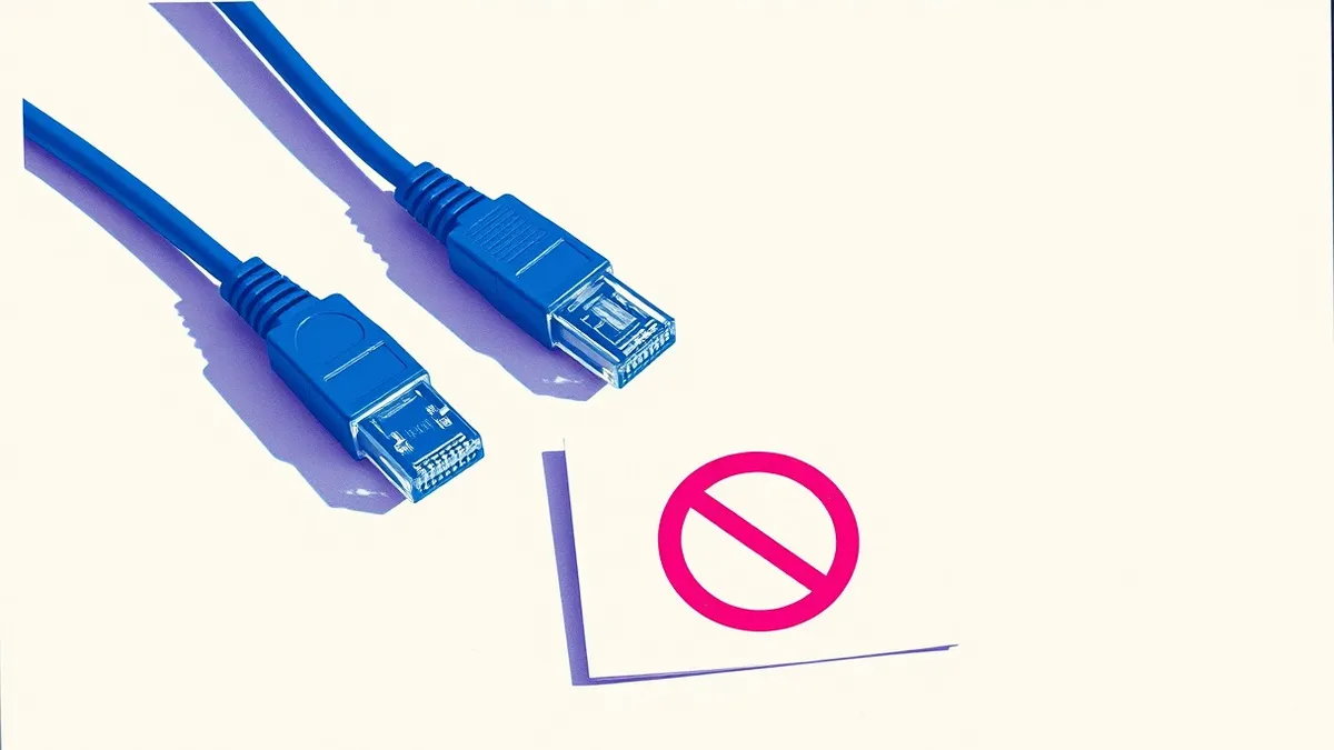 Illustration: A pair of physical network cables rests on a plain surface beside a small, white rectangular card with a bold red circle and diagonal line printed on it, symbolizing 
