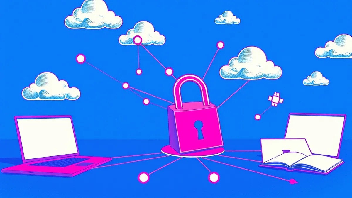 Illustration: A floating network of cloud nodes connects to a central database, but a large red lock icon sits precariously on the connecting lines, symbolizing exposed access perm