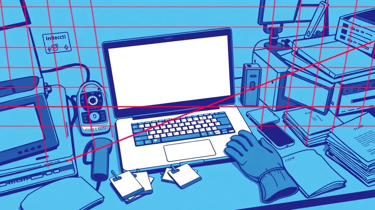 Illustration: A cluttered home office desk holds an open laptop with a blank screen, a pair of work gloves, and a stack of blank plastic ID cards.