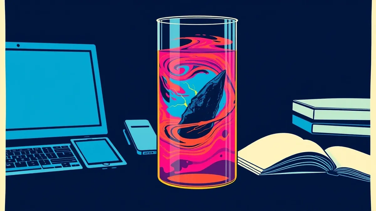 Illustration: A transparent glass cylinder filled with swirling amber liquid sits on a dark desk.