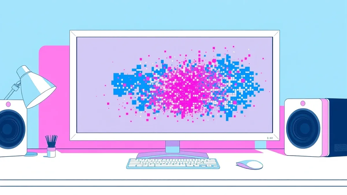 Illustration: A white rectangular window sits on a blank desk, displaying a fragmented grid of colorful abstract pixels that spill slightly over the glass edge.