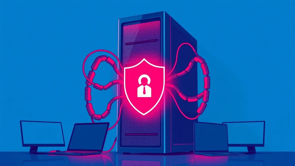 Illustration: A sleek, abstract server tower glows with ominous red light.