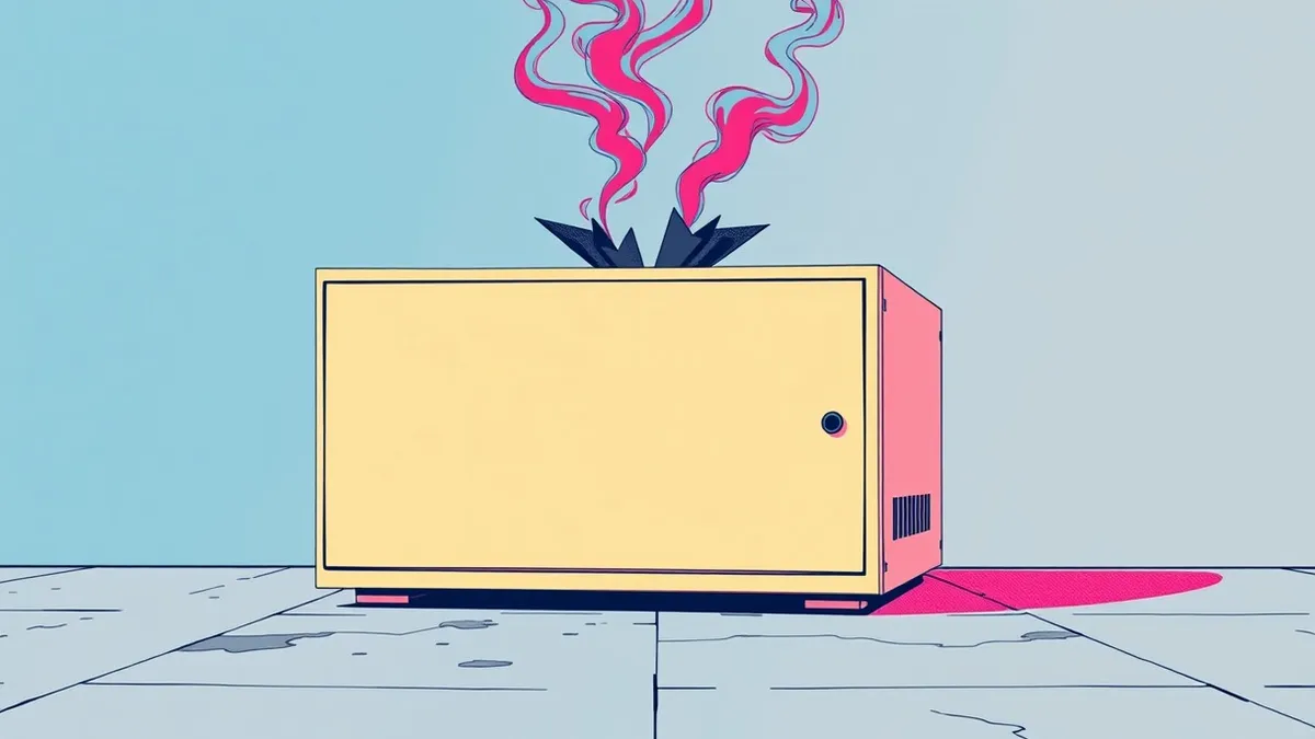 Illustration: A beige network backup server sits isolated on a concrete floor, its front panel completely blank and devoid of lights.