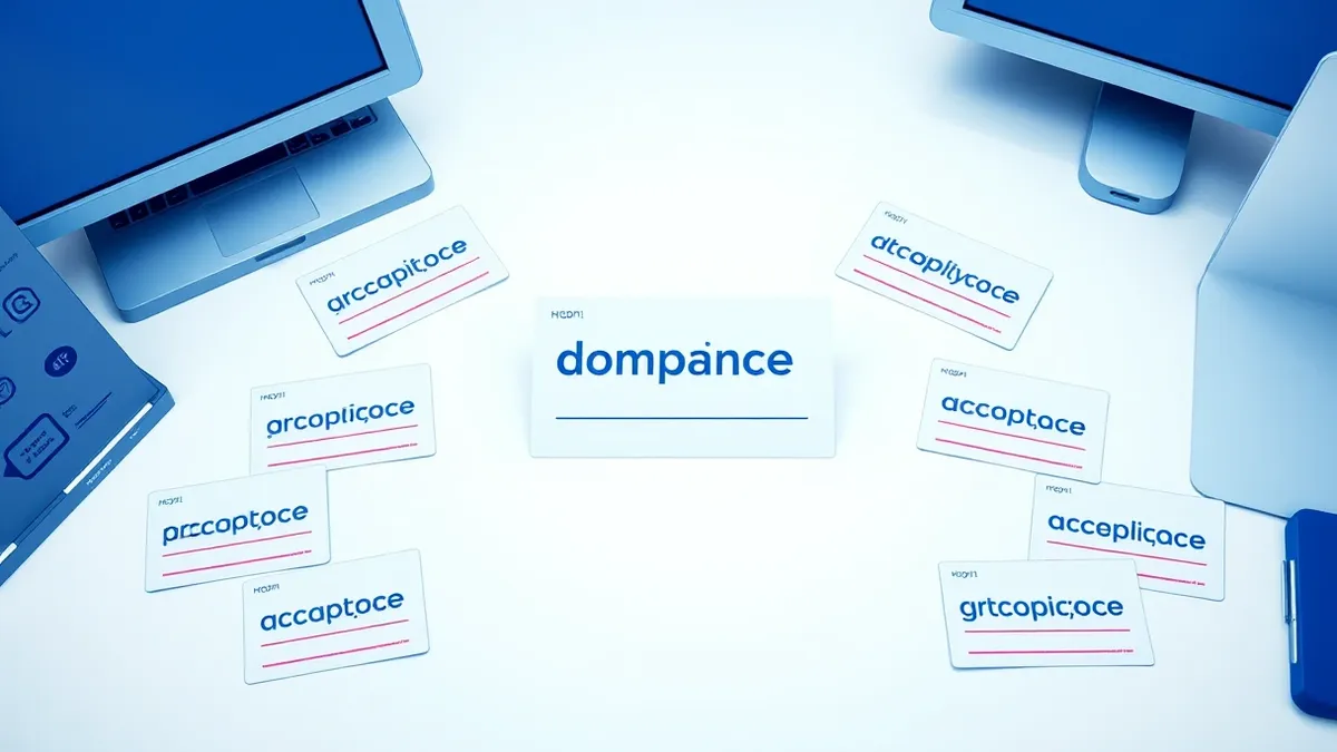 Illustration: A single blank domain registration card sits centered on a clean white desk.