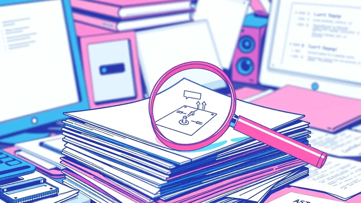Illustration: A stack of blank, colorful report folders sits on a cluttered desk.