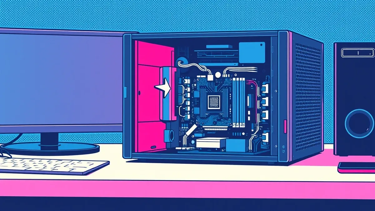 Illustration: A sleek black server sits on a clean desk with its metal casing slid open to reveal the internal circuitry.