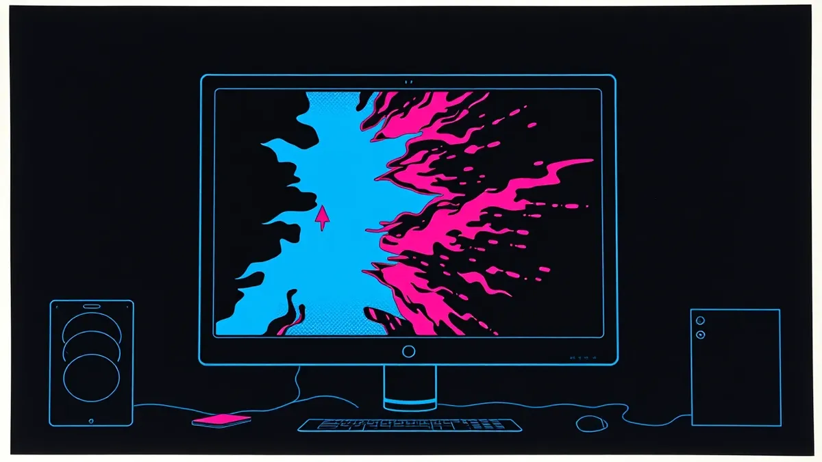 Illustration: A dark monitor displays jagged, shifting abstract shapes that morph rapidly like liquid metal.