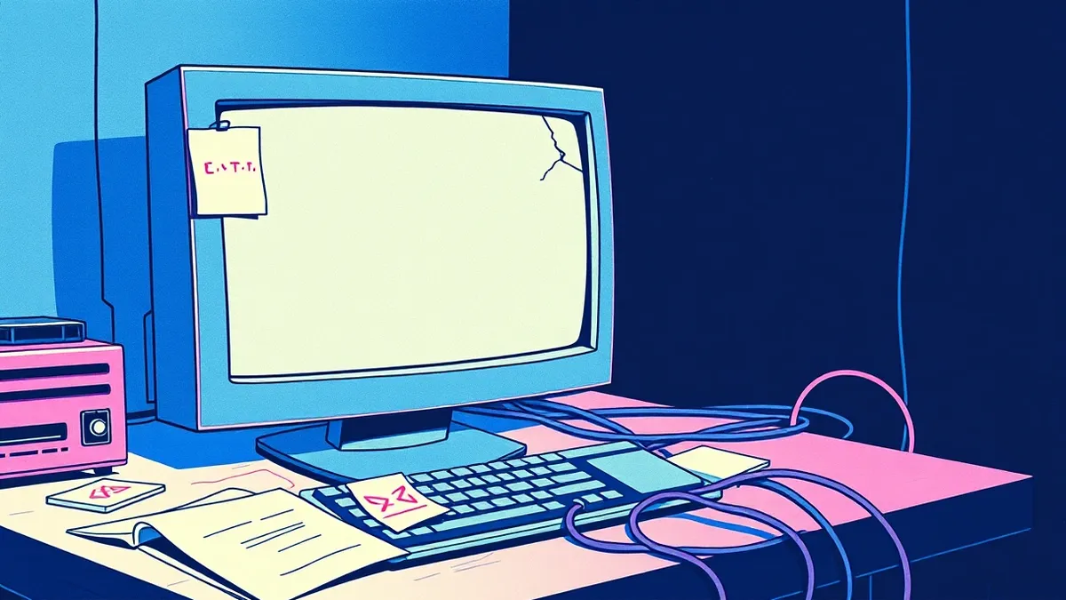 Illustration: A cracked terminal window sits open on a dusty desk, displaying a blank command prompt where a single red cursor blinks silently.