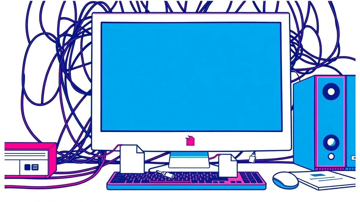 Illustration: A Windows computer monitor displays a blank terminal window with a single red glitch line.