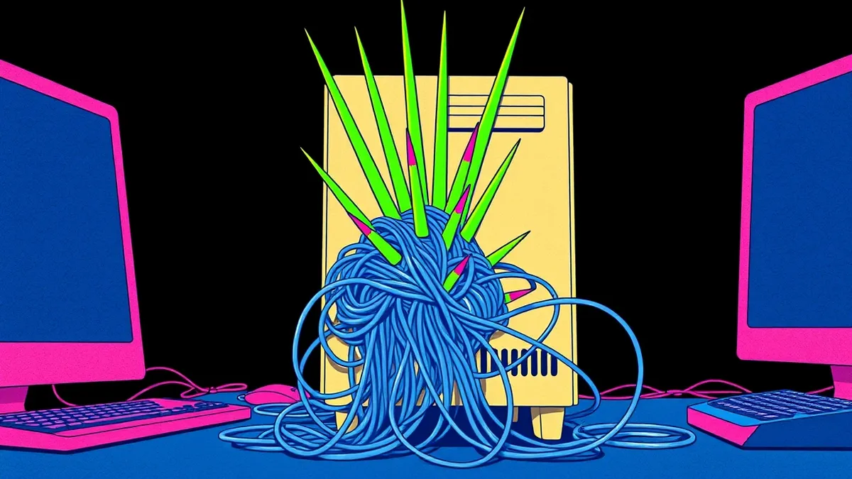 Illustration: A tangled web of gray wires snakes into the back of a beige desktop computer tower.