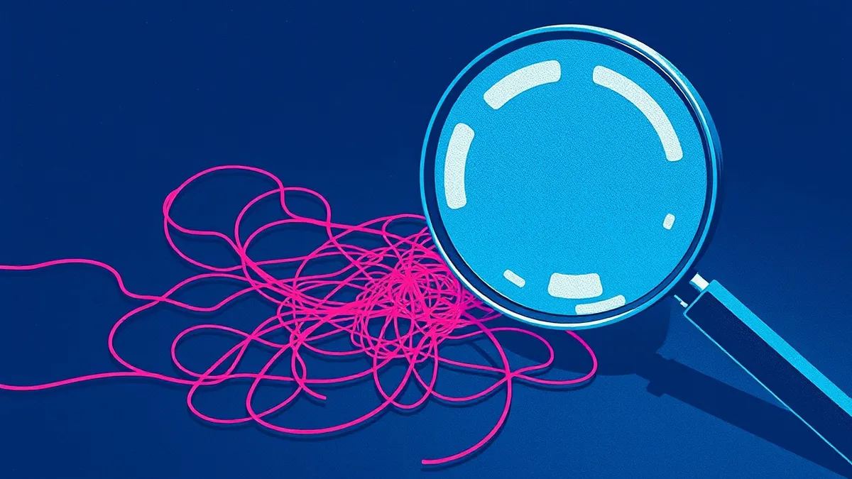 Illustration: A magnifying glass hovers over a tangled web of interconnected red threads on a dark surface.