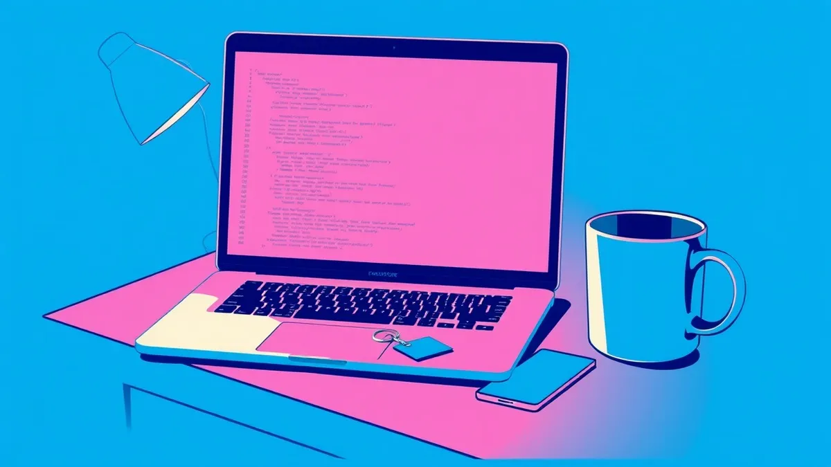 Illustration: A sleek laptop sits open on a wooden desk beside a coffee mug.