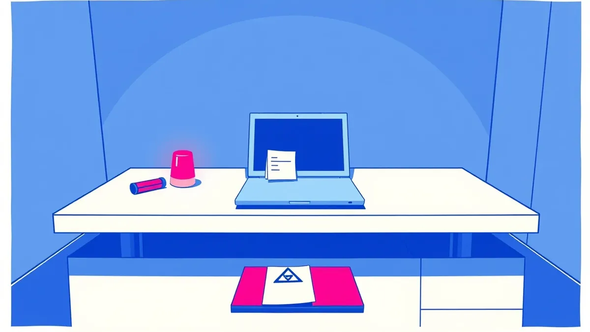 Illustration: A sleek white office desk holds a closed laptop and a small red warning light.