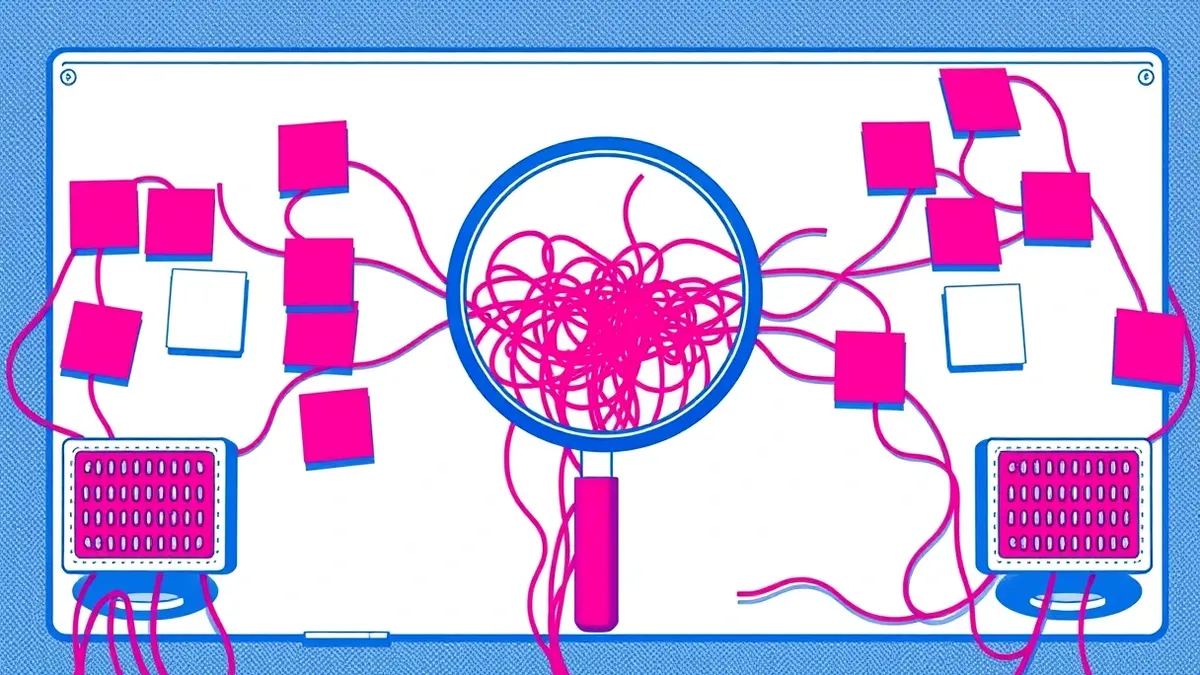 Illustration: A whiteboard covered in tangled red strings connects blank sticky notes to empty server icons.
