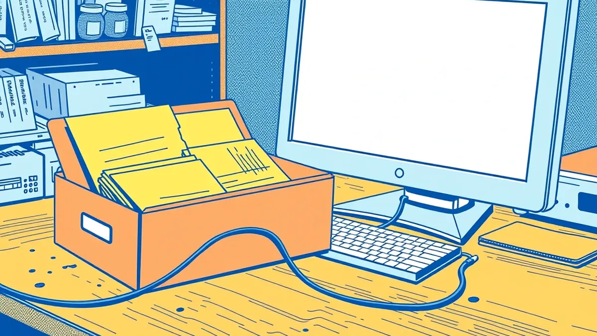 Illustration: A vintage cardboard file folder sits open on a dusty wooden desk, revealing yellowed papers with faded abstract lines.