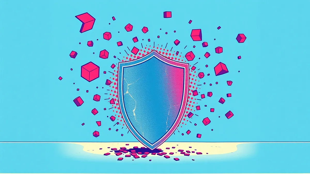 Illustration: A chaotic storm of floating geometric shapes swirls around a fragile, cracked shield.