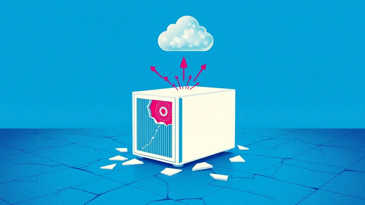 Illustration: A sleek white server node sits isolated on a dark concrete floor.