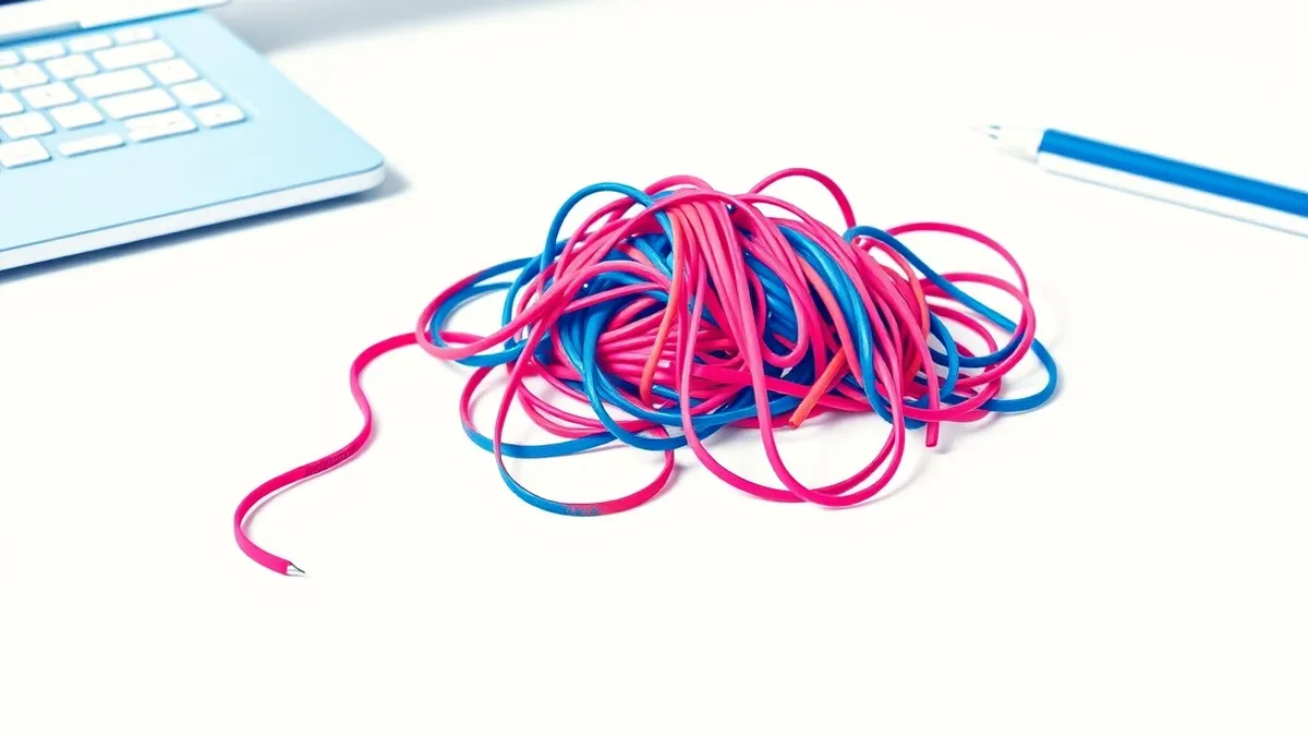 Illustration: A tangled knot of colorful rubber bands lies on a clean white desk, symbolizing confused memory pointers.