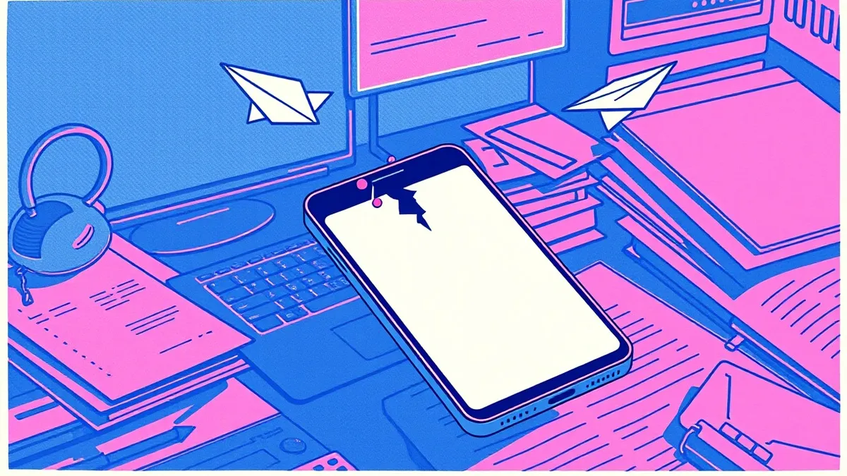 Illustration: A sleek smartphone floats above a cluttered desk, its screen displaying a blank white form with a single red button.