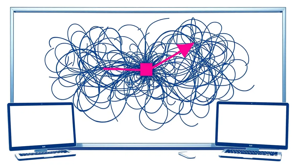 Illustration: A whiteboard displays tangled black ink lines representing broken logic flows.