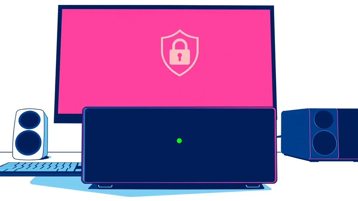 Illustration: A sleek black security appliance sits on a clean white desk, its front panel displaying a single steady green light.