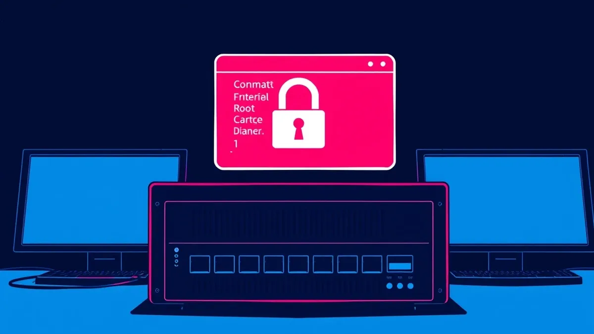 Illustration: A black network firewall sits on a desk with blank blue status lights.