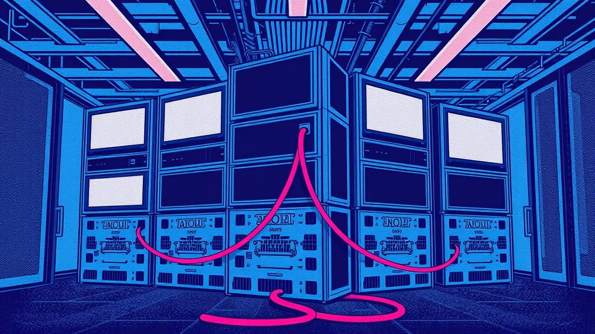 Illustration: A stack of generic cloud server blades sits in a modern facility, with several units displaying blank, dark screens while others remain lit.