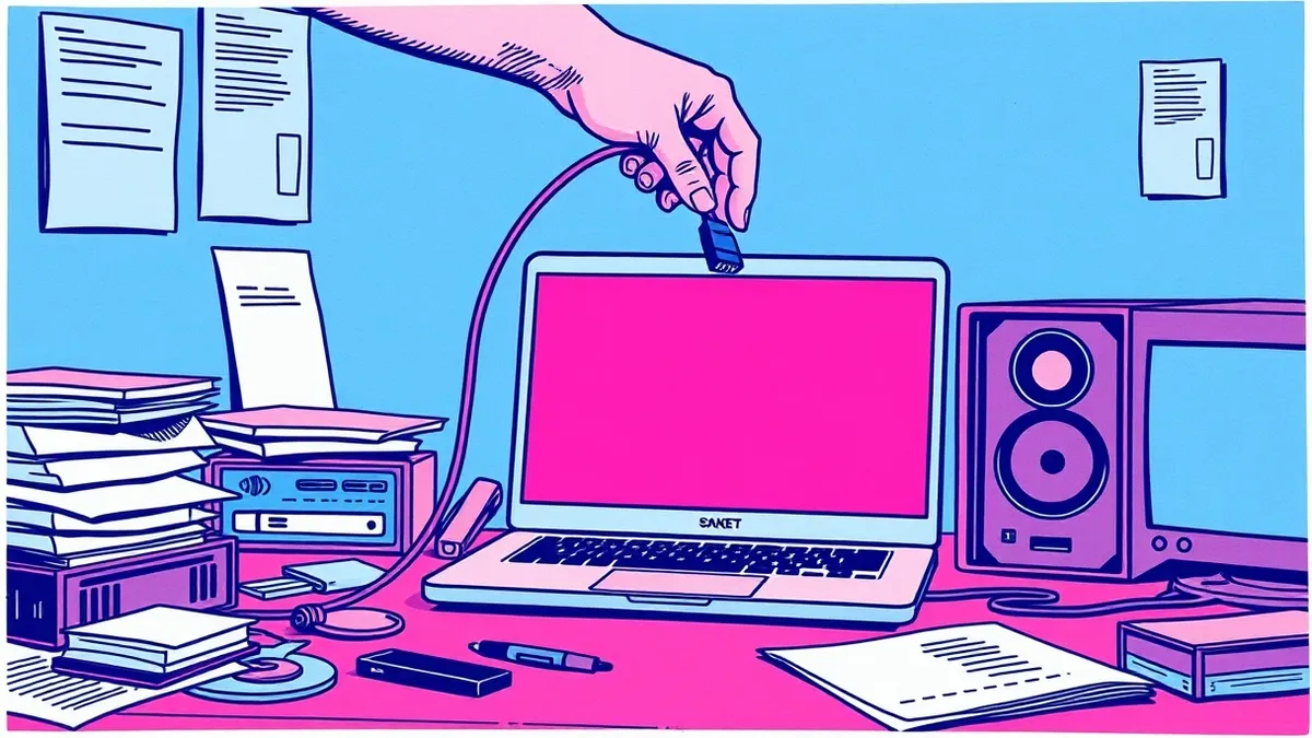 Illustration: A cluttered desk features a laptop displaying a solid red warning screen with generic geometric shapes.