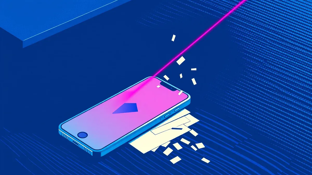 Illustration: A sleek silver smartphone rests on a dark wooden desk beside a small pile of blank white cards.