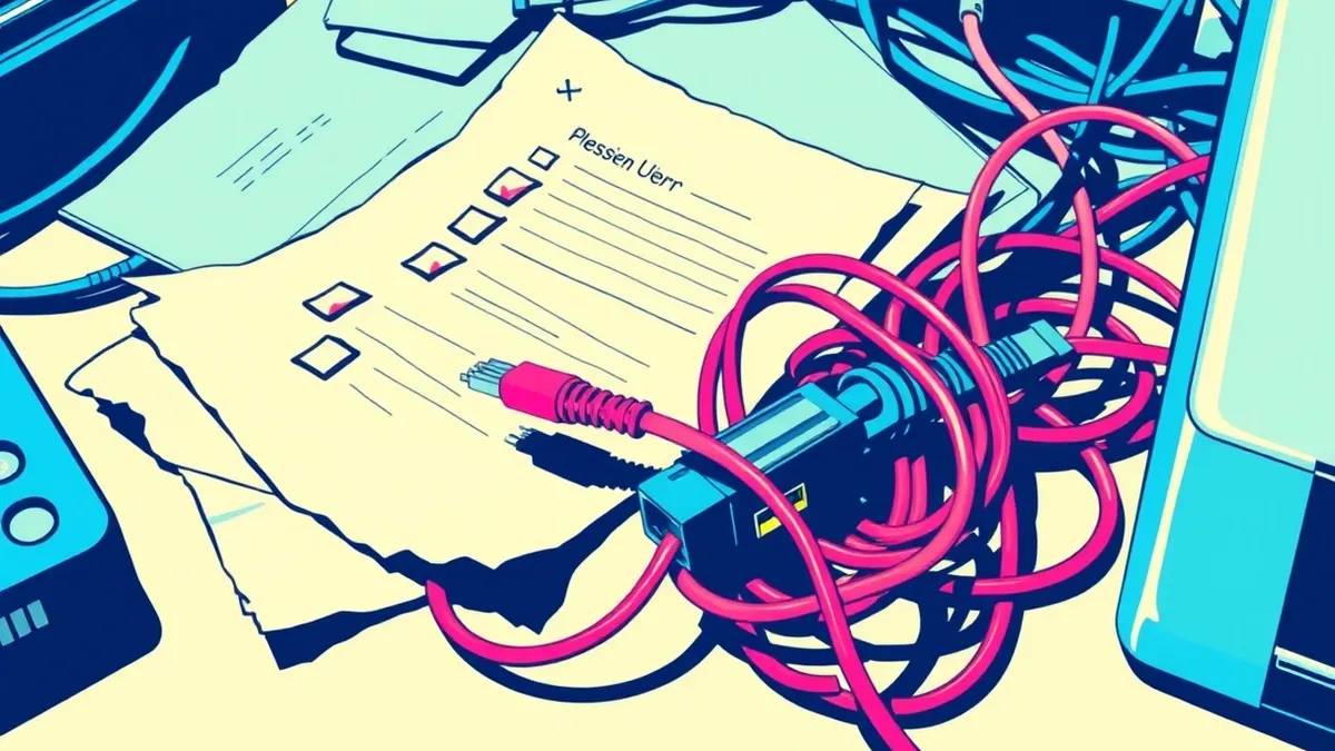 Illustration: A tattered, crumpled paper checklist lies on a cluttered desk next to a tangled mess of colored cables.