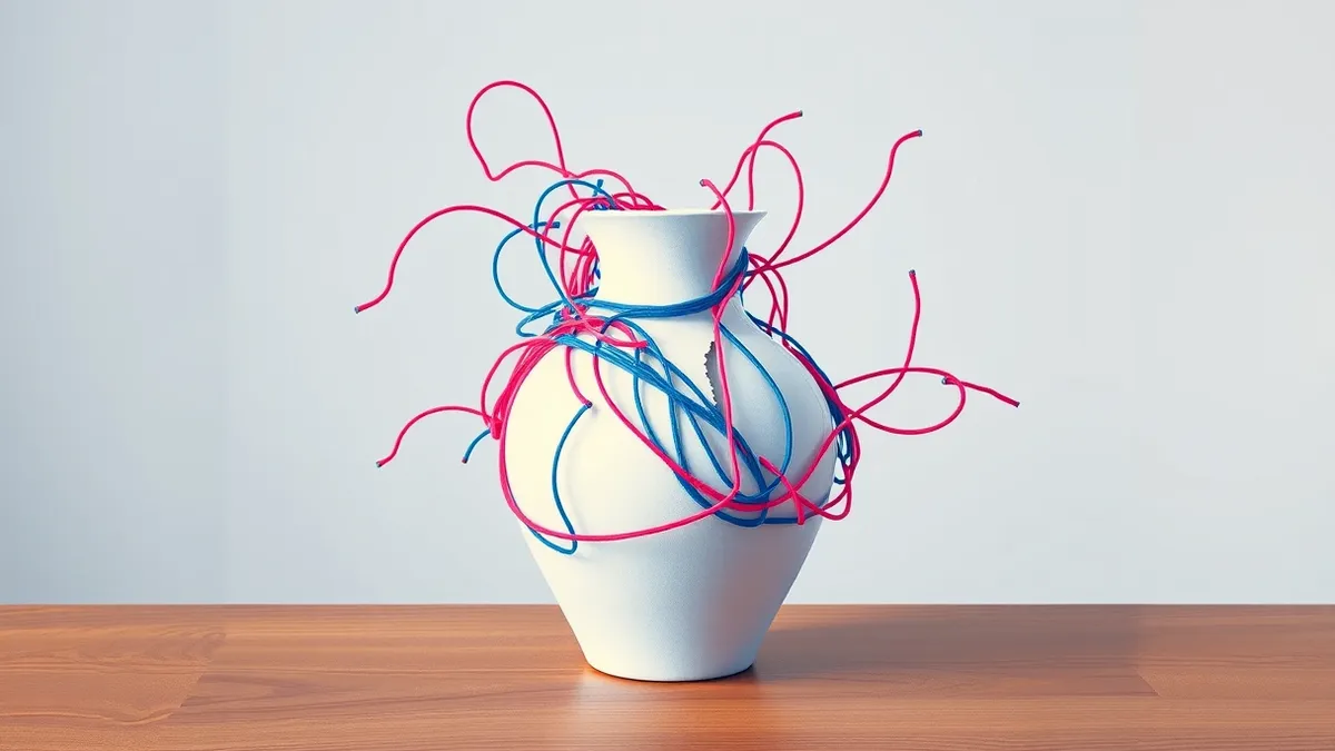 Illustration: A tangled knot of colorful threads tightens around a smooth, white ceramic vase on a wooden table.