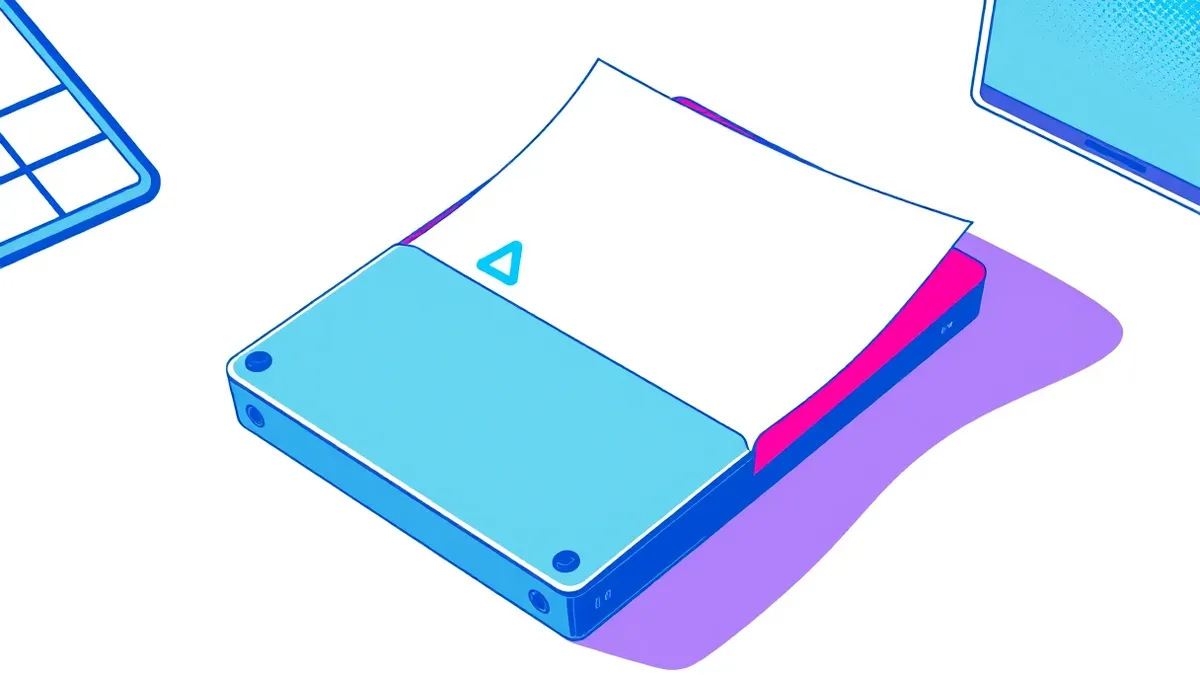Illustration: A sleek, silver hard drive rests on a clean white desk next to a single, crumpled paper file folder.