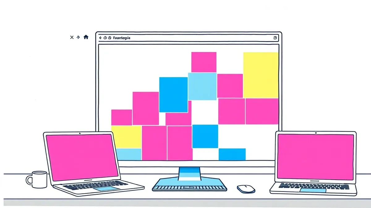 Illustration: A web browser window displays a fractured layout where colorful rectangular blocks overlap each other to form a coherent abstract pattern.